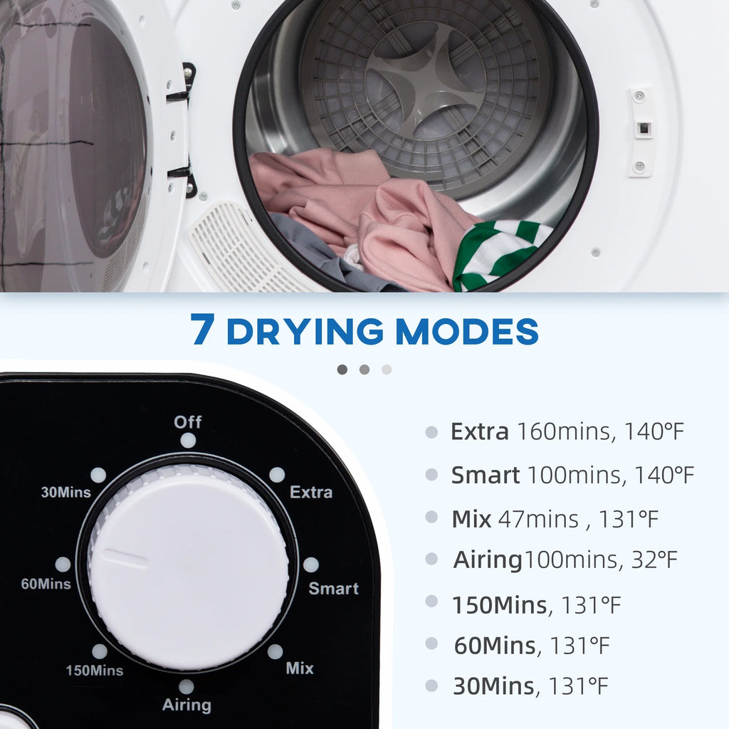 Homiyad Compact Laundry Dryer 1300W Portable Clothes Dryer with 3.2 cu.ft Stainless Steel Drum, Front Load Electric Dryer, White