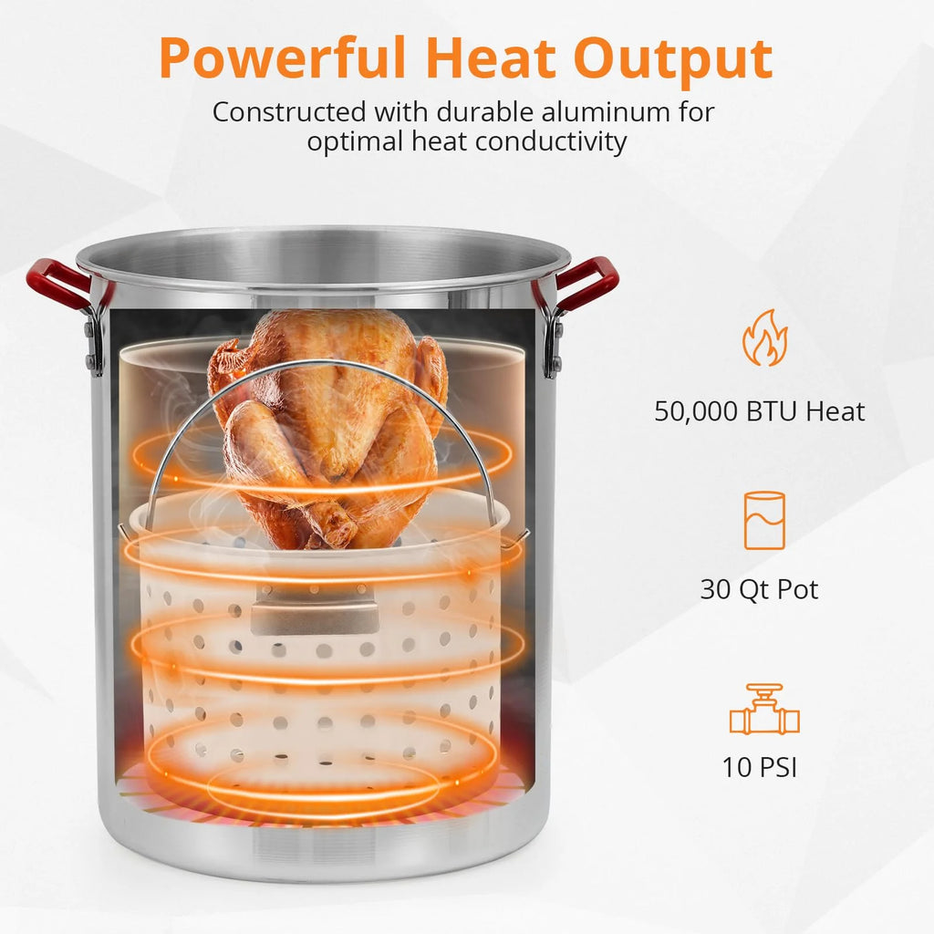 2024 New 30 Qt Turkey & 10 Qt Fish Fryer Boiler Steamer Set, Aluminum Turkey Deep Fryer Pot, 38, 000 BTU Outdoor Propane Stove Stand for 20 Lbs Turkey, Thermometer, Turkey Rack & Lifting Hook