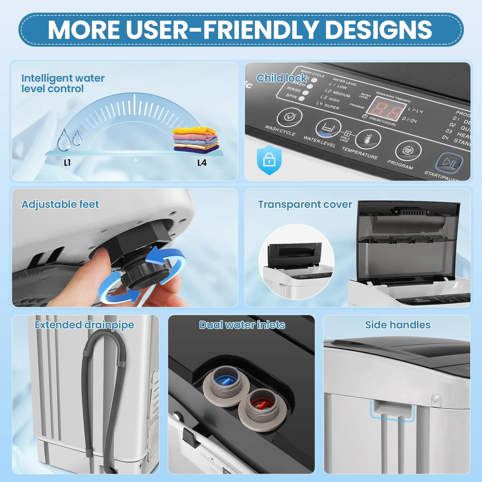 Qhomic Portable Washing Machine, 20lbs Portable Washer with 4 Wash Programs 4 Water Levels 3 Water Temperatures LED Display, Fully Automatic Washing Machine Drain Pump for Home, RV, Dorm