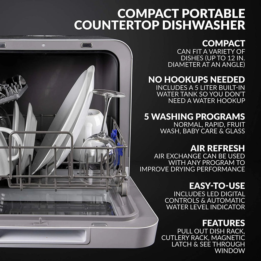 Farberware Portable Dishwasher with Built-In Water Tank with Baby Care and Fruit Wash Settings in White w/ 6-Place Setting Capacity, FDW05ASBWHA