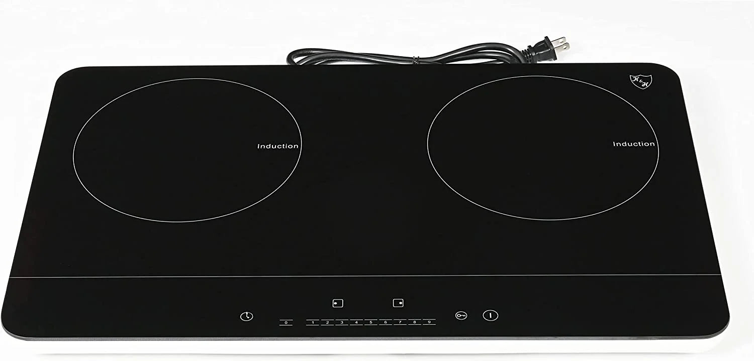 K&H 2 Burner Double Dual 24 Inch Induction ULTRA SLIM Electric Stove Top Ceramic Cooktop White 120V 1800W IN-DD18-120S