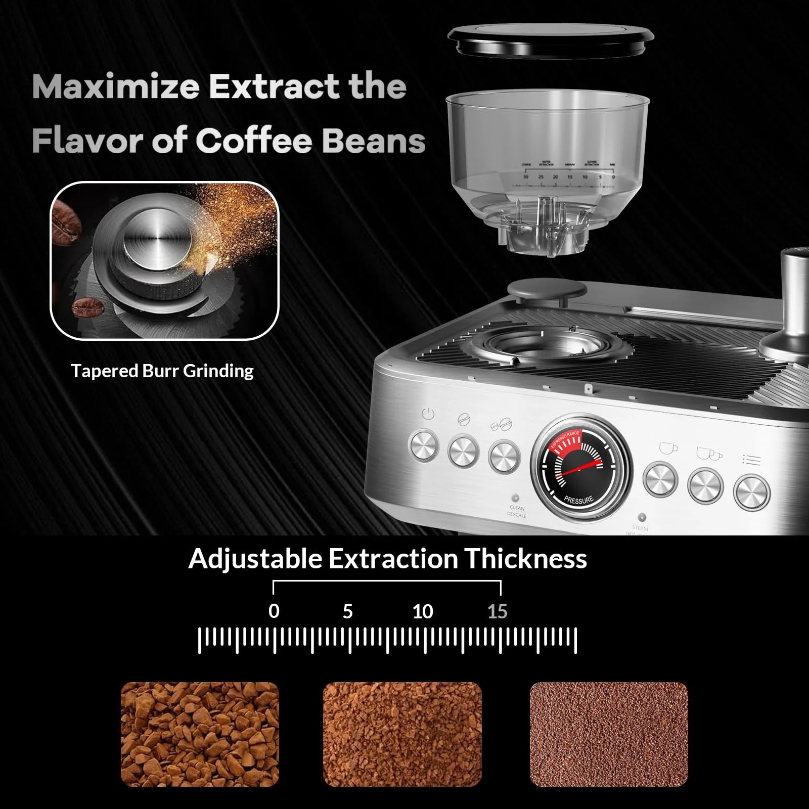 Danolapsi Espresso Coffee Machine,Espresso Machines with Grinder,20 Bar Professional Coffee Maker with Milk Frother Steam Wand,2.8L Water Tank,15 Grinding Setting Espresso Cappuccino/Latte Maker