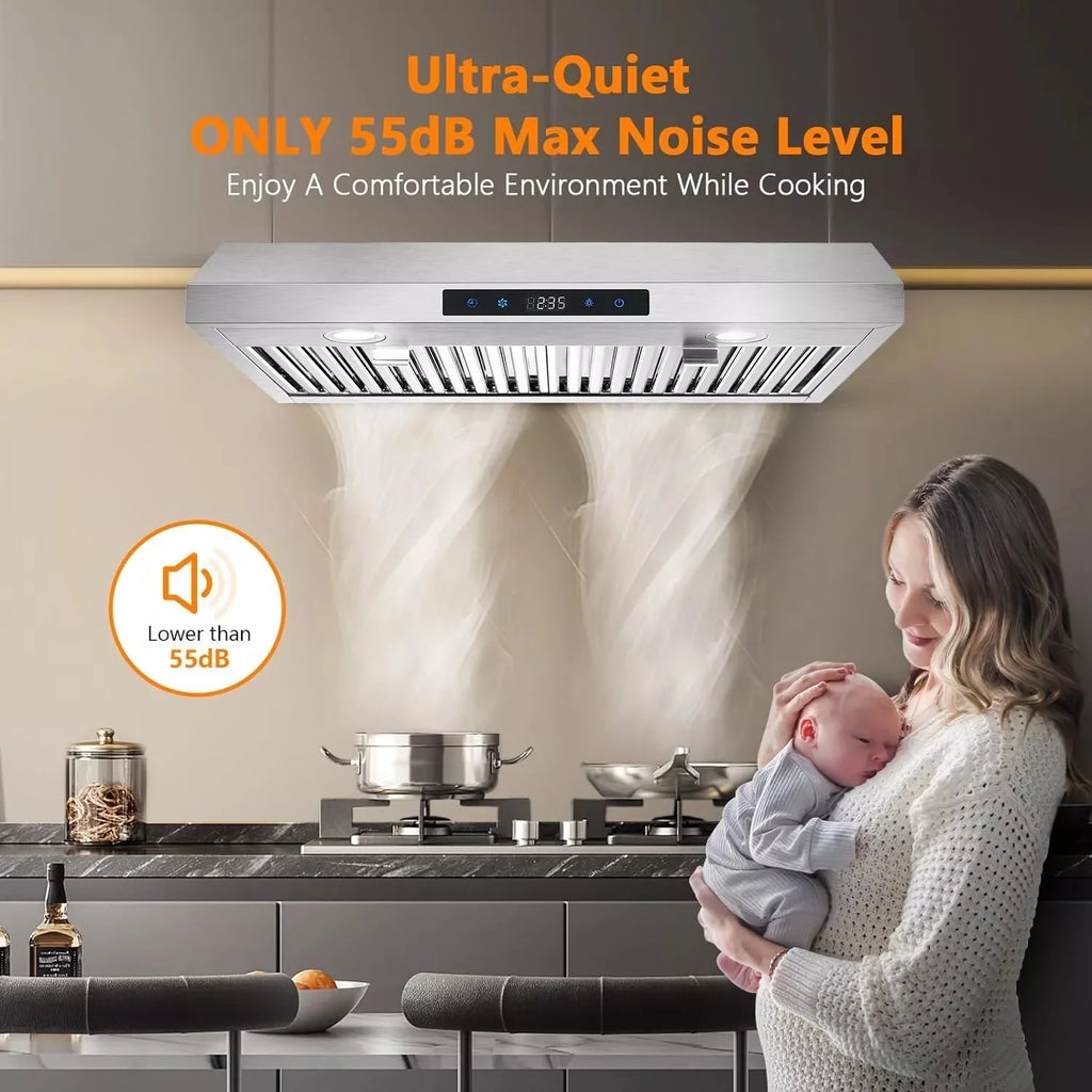 "Joeaonz 30"" Convertible Under Cabinet Range Hood, Stainless Steel, 600CFM, 3-Speed Fan, Dishwasher-Safe Filter"