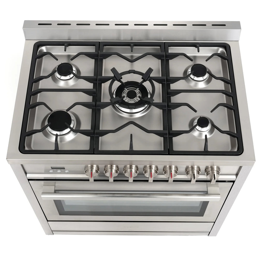 Cosmo 4 Piece Kitchen Appliance Packages with 36" Freestanding 220/240V Dual Fuel Range 36" Island Range Hood 24" Built-in Integrated Dishwasher & French Door Refrigerator Kitchen Appliance Bundles