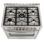 Cosmo 4 Piece Kitchen Appliance Packages with 36" Freestanding 220/240V Dual Fuel Range 36" Island Range Hood 24" Built-in Integrated Dishwasher & French Door Refrigerator Kitchen Appliance Bundles