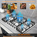 30 Inch Bulit-In Gas Cooktop with Griddle, 5 Italy SABAF Powerful Burners Over 92% High Efficiency, Max 48300BTU Gas Stove Top, 304 Stainless Steel Panel, NG/LPG Convertible, CSA Certified