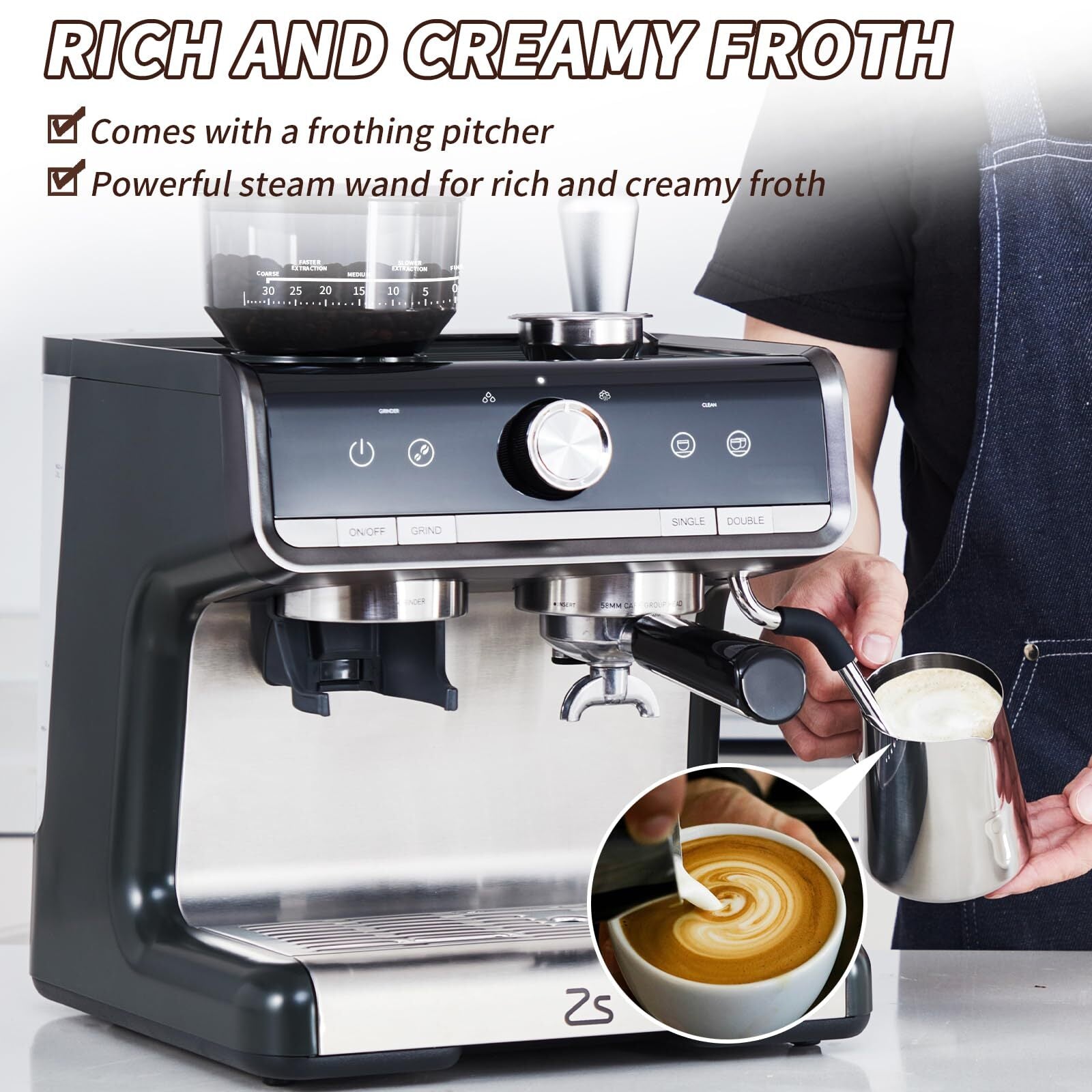 RIEDHOFF Semi-Automatic Espresso Machine with Grinder, Professional Espresso Maker with Milk Frother Steam Wand, 20 Bar Barista Cappuccino Machine