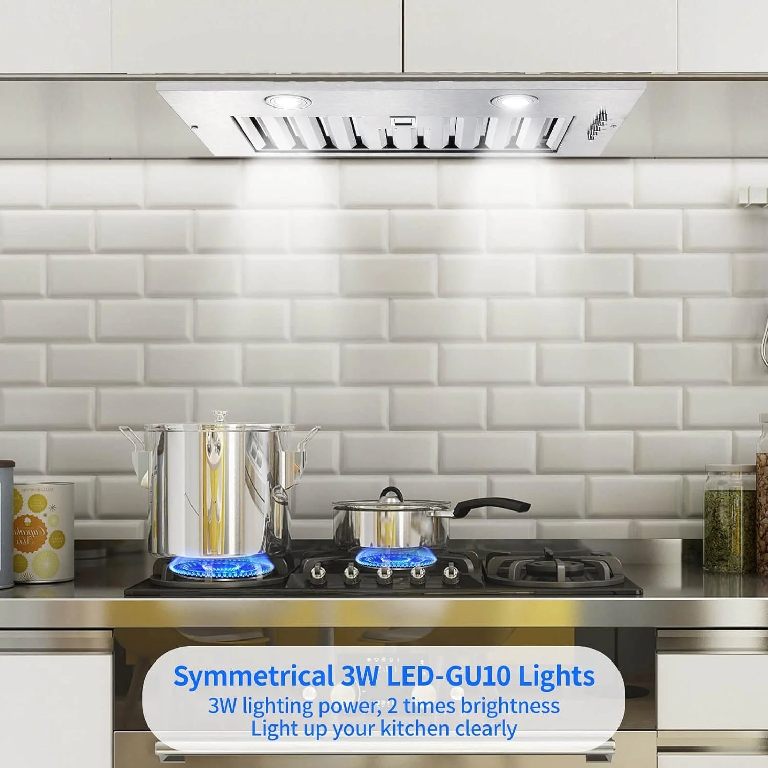 20 inch Range Hood Built-in 800CFM Stainless Kitchen Vent Exhaust 3-Speed with Led Bulb Filters 120V