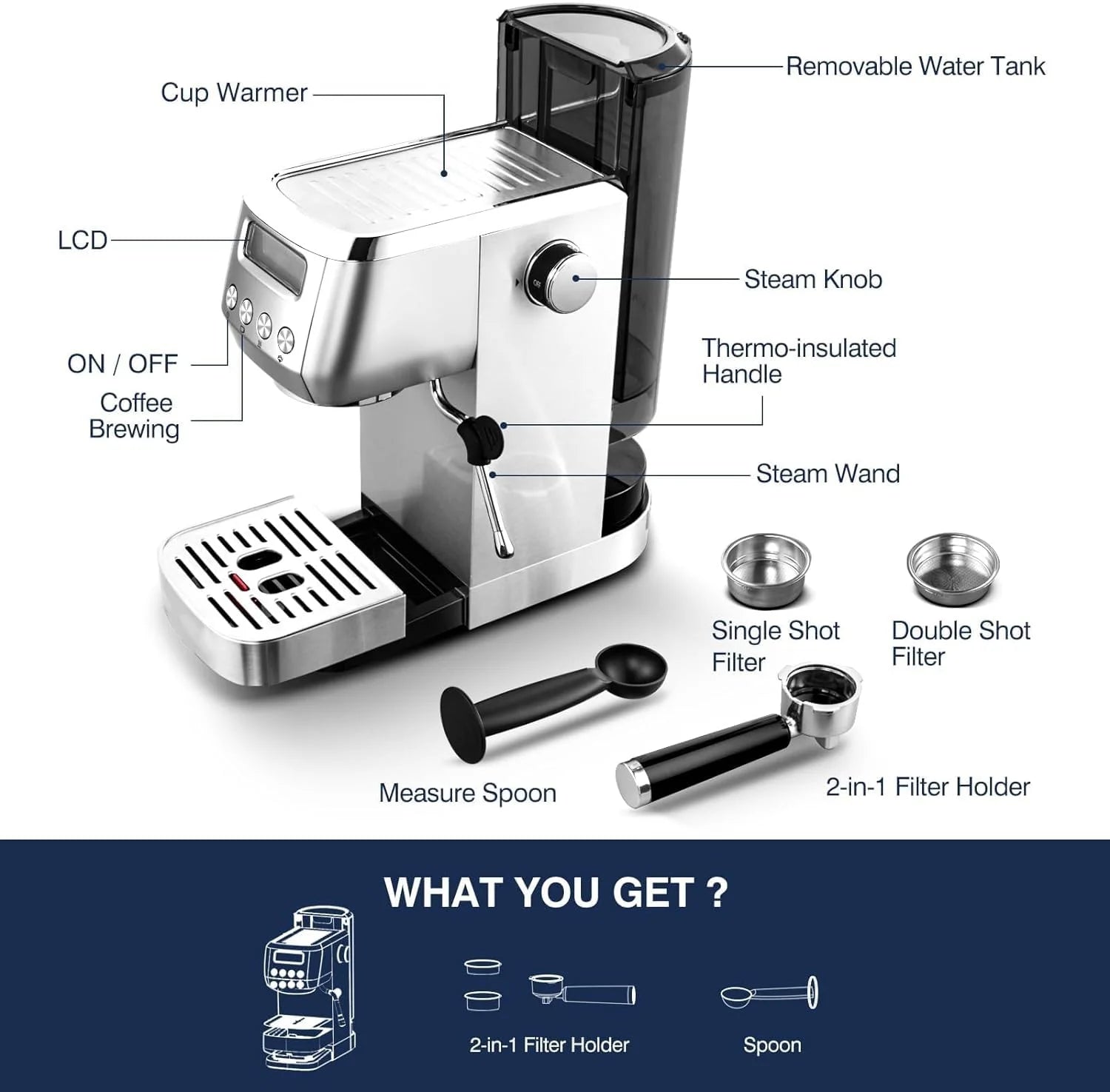 Sunmaki 20 Bar Espresso Machine, Compact Cappuccino Machines for Home Gifts, Stainless Steel