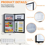 3.2 Cu. Ft Mini Fridge with Freezer, Small Refrigerators Double Door Stainless Steel, 5 Adjustable Thermostat Settings, Compact Internal Freezer with Crisper Drawer for Apartment Dorm, Silver