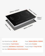 KFFKFF Induction Stove, 1800W Electric Countertop 2 Burner, Electric Cooktop with Touch Controls, Integrated Induction Stove with 9 Energy Levels, Safety Feature for Kids, Timer Function, Glass Top