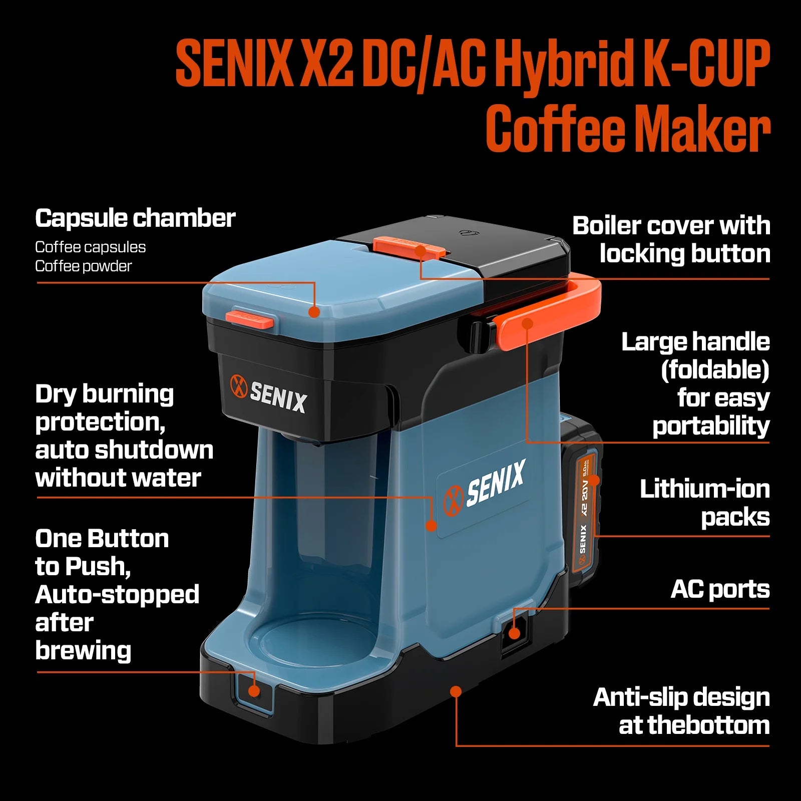 SENIX Single Serve Coffee Maker, Plug-in & Battery Coffee Machine, 8oz, Compatible with K-Cup, Grounds, Pods for Travel, Camping, Outdoor, Home, Job Sites �� Includes Battery & Charger