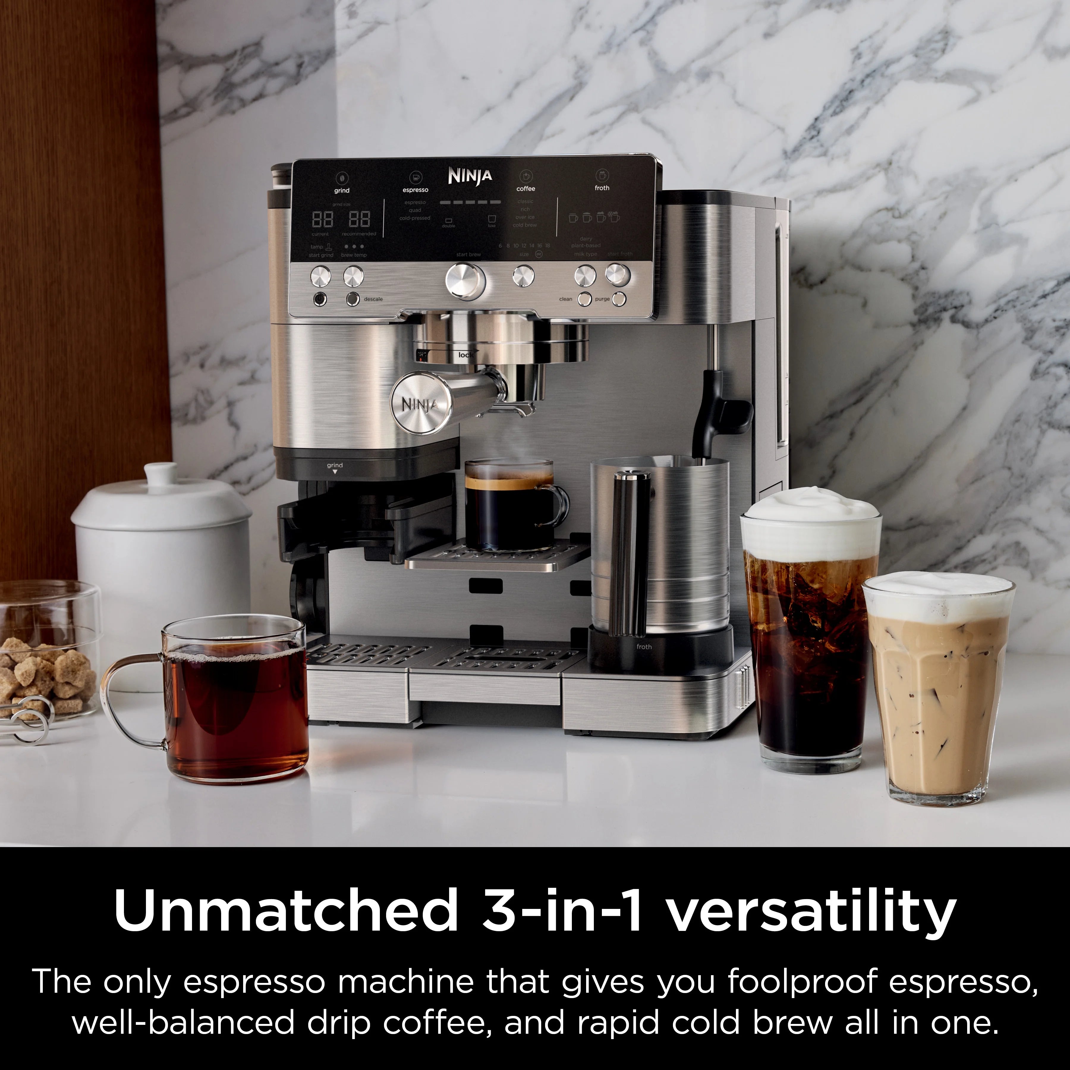 Ninja Luxe Cafe Premier Series, Stainless Steel Espresso Machine and Drip Coffee Maker with integrated Coffee Grinder and Milk Frother, ES601