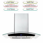 Tieasy 30 inch Wall Mount Range Hood Stainless Steel 700 CFM Black Touch Panel Kitchen Vent Fan