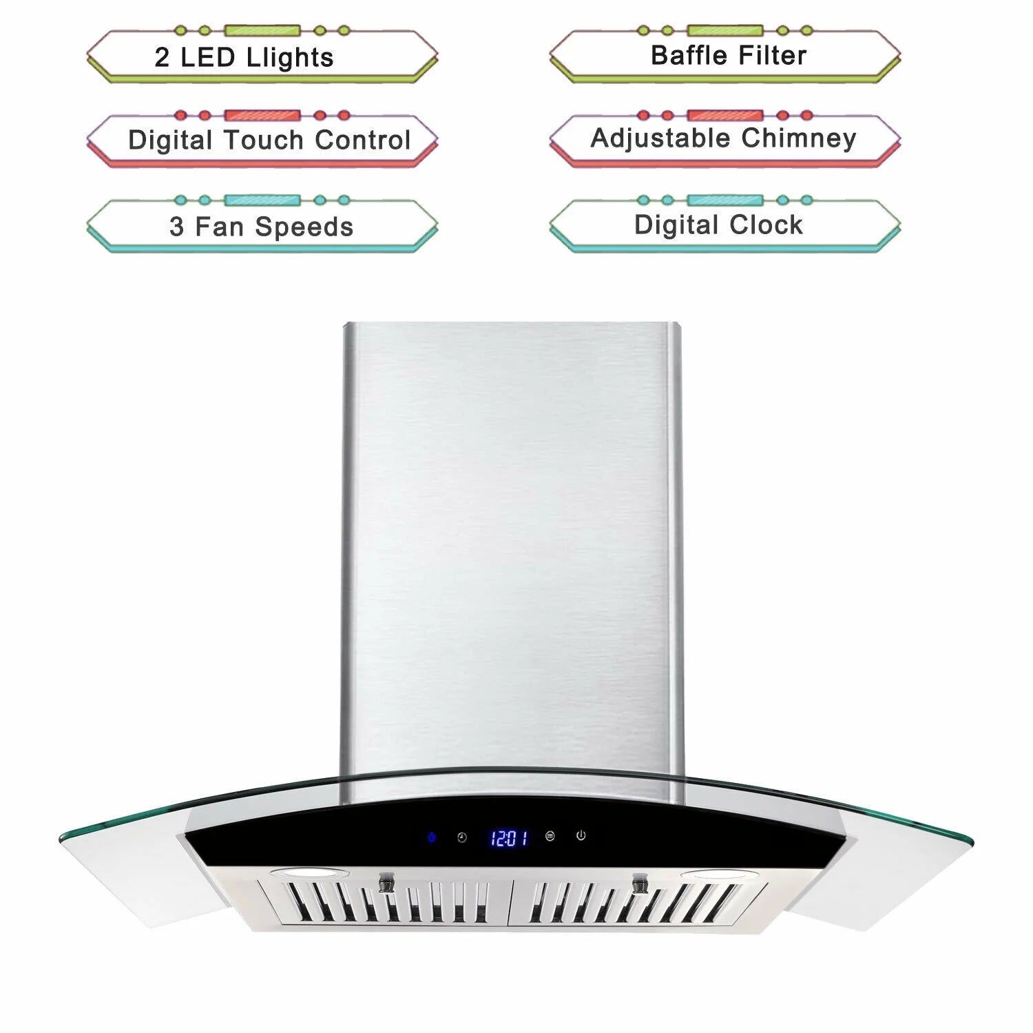 Tieasy 30 inch Wall Mount Range Hood Stainless Steel 700 CFM Black Touch Panel Kitchen Vent Fan