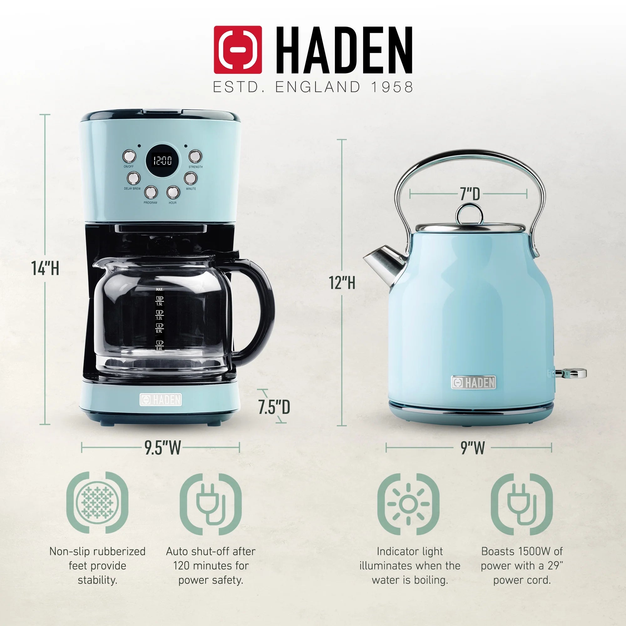 Haden Coffee Maker & Heritage 1.7 Liter Electric Kettle, Black & Chrome