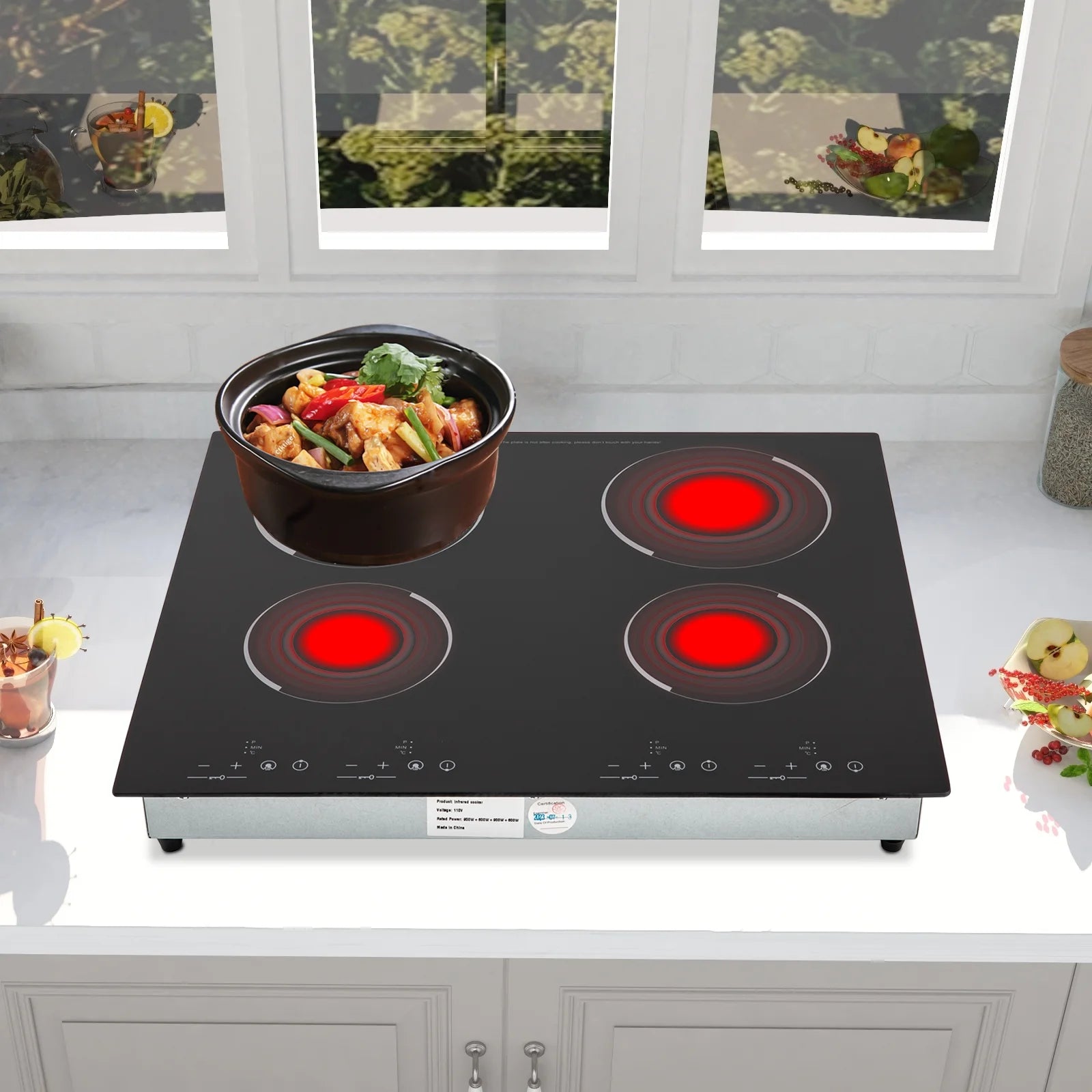 Peakora Electric Cooktop, Built-in Cooktop 3000W, Electric Stove Top with 4 Electric Burners, 9 Heating Level, Kid Safety Lock, Sensor Touch Control, 110V