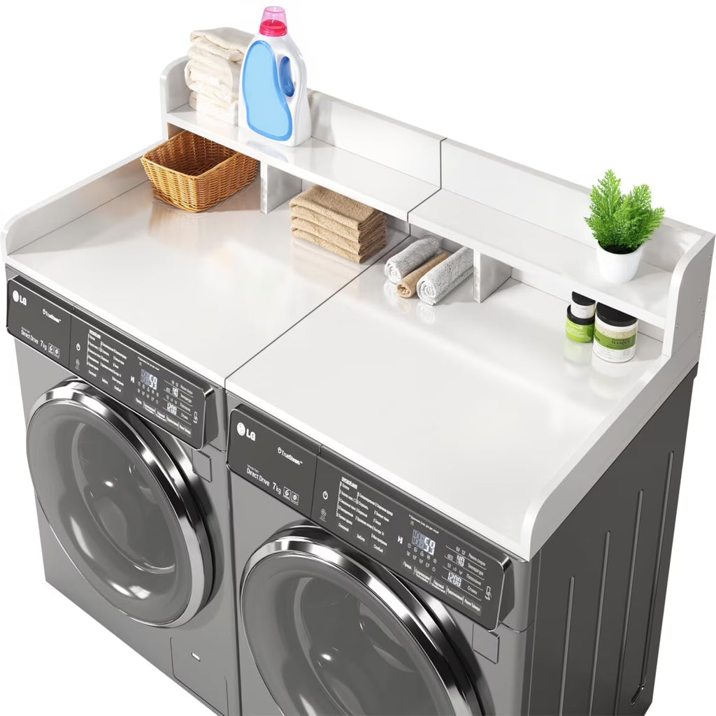 Wood 2-Tier Washer Dryer Countertop with 2.75" H Guard Rails, 54" W x 27.5" D Washer Dryer Topper with Non-Slip Pads for Laundry Room Organization and Storage, White