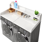 Wood 2-Tier Washer Dryer Countertop with 2.75" H Guard Rails, 54" W x 27.5" D Washer Dryer Topper with Non-Slip Pads for Laundry Room Organization and Storage, White