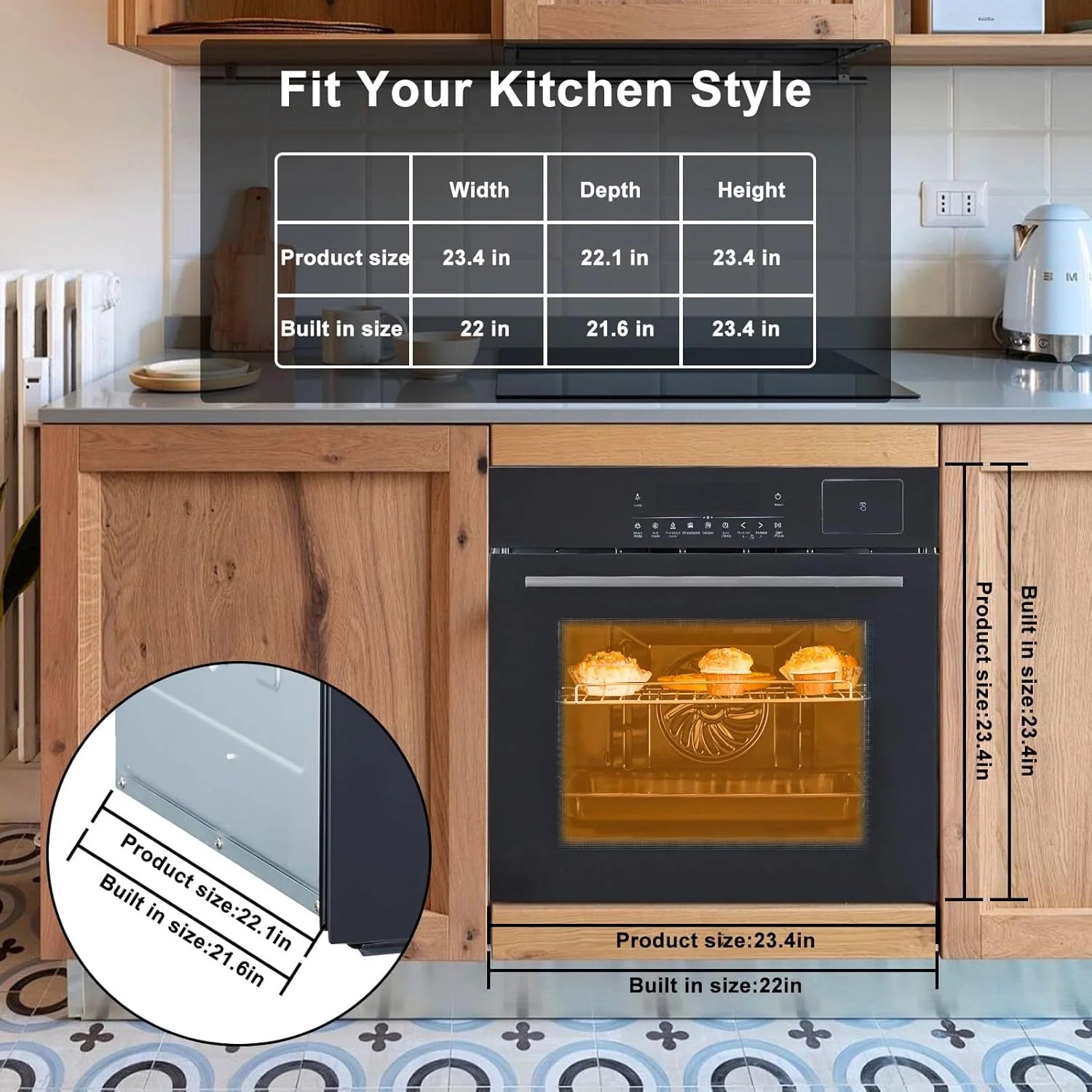 Single Wall Oven 24", Built-in Electric Ovens with Steam&Grill&Air Frying Mode, 3000W, 240V, 2.5Cu.ft Convection Built-in Oven, Stainless Steel, Touch Screen
