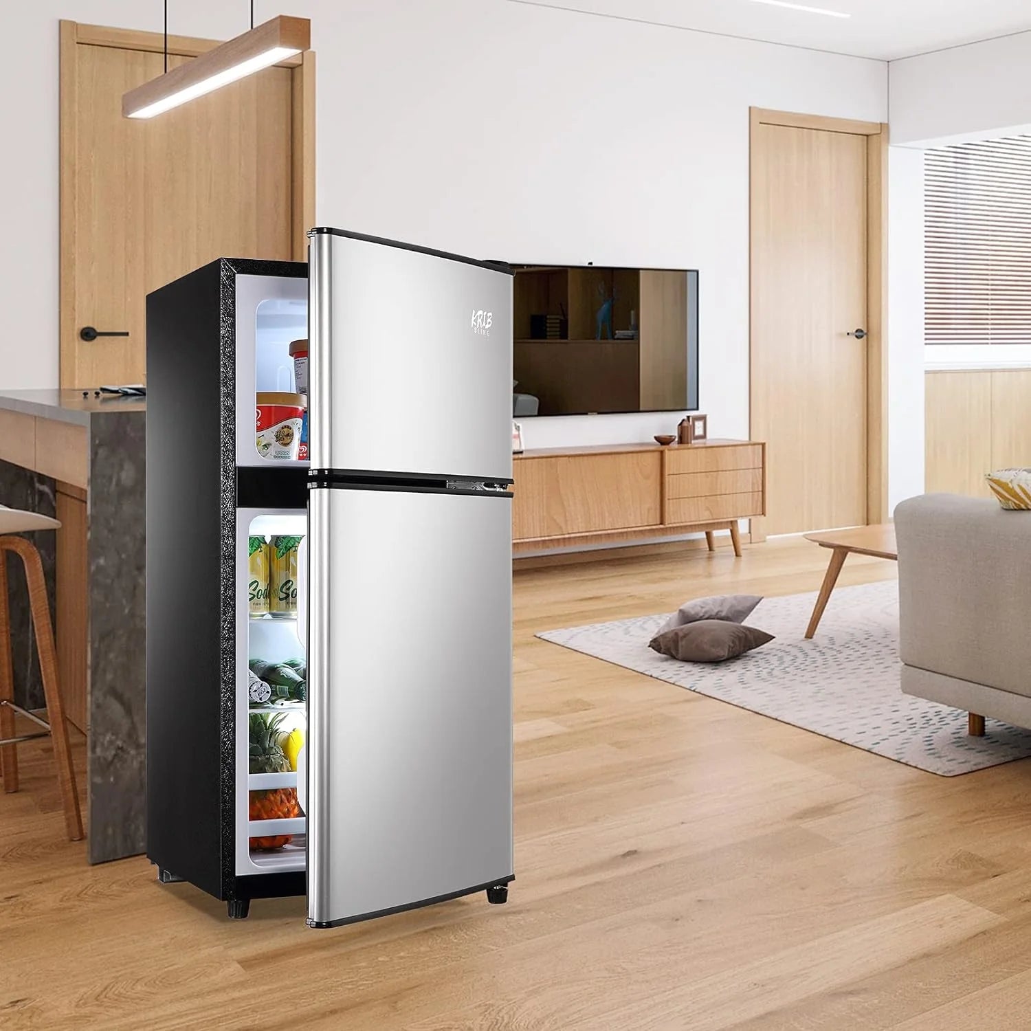 Harper & Bright Designs Double Door Mini Fridge with Freezer, 3.2 Cu.Ft Compact Refrigerator with Adjustable Shelf, Adjustable Thermostat and Reversible Door for Bedroom, Dorm, Home Office, White