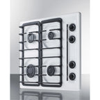 24" wide gas cooktop with four sealed burners, white porcelain surface, and cast iron grates; made in the USA