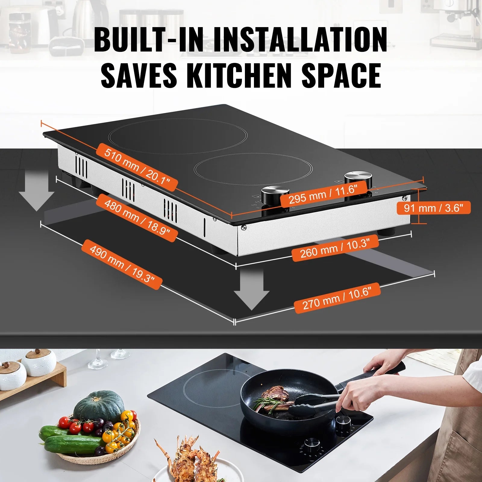 KFFKFF Built-in 2 Burner Electric Cooktop, 12" Electric Range, 3000W Electric Stove Top with Smooth Ceramic Surface, Rotary Dial, 11 Temperature Settings, 220-240V, Direct Wiring Required