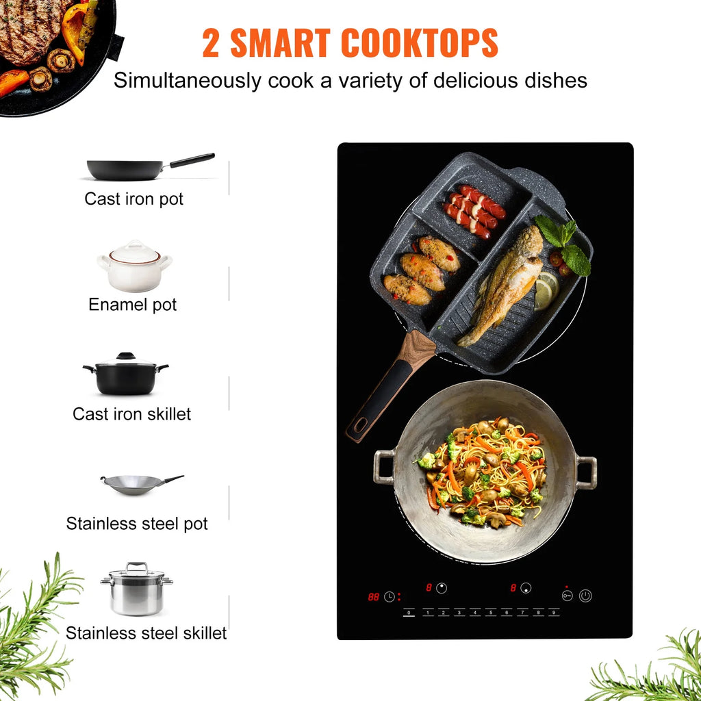 KFFKFF Induction Cooker, Dual Burners, 12'' Electric Stove, Integrated Magnetic Cooking Surface 1800W, 9 Stage Heat Adjustable Burner, LED Touch Interface with Child Safety & Excessive Heat Safeguard