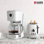 Haden 12 Cup Coffee Maker with 2 Slice Stainless Steel Bread Toaster, White