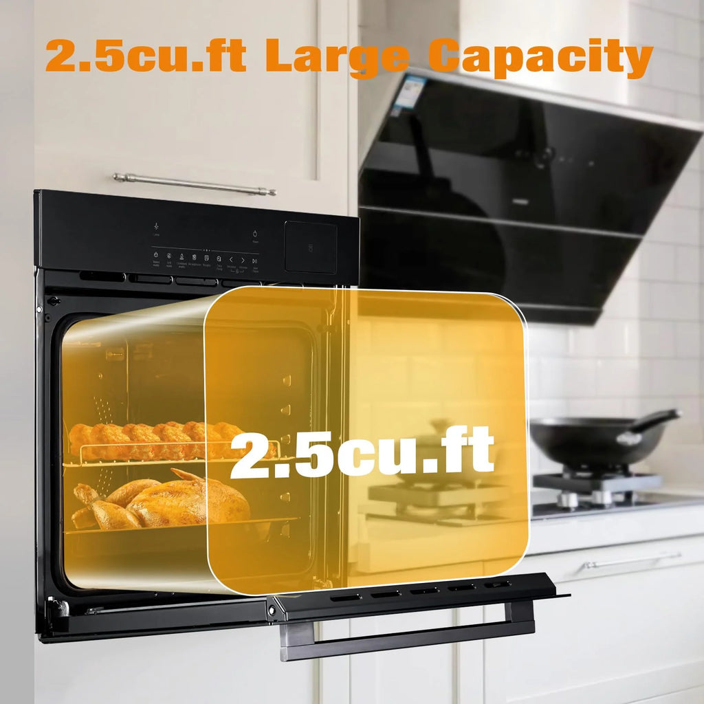 24" Electric Single Wall Oven, 2.5Cu.ft with 8 Baking Modes, 70L Electric Convection Oven, with Air Frying Function, 3000w, 3D Surround Heating with Double-Layered Glass Door, Timer, Touch Control