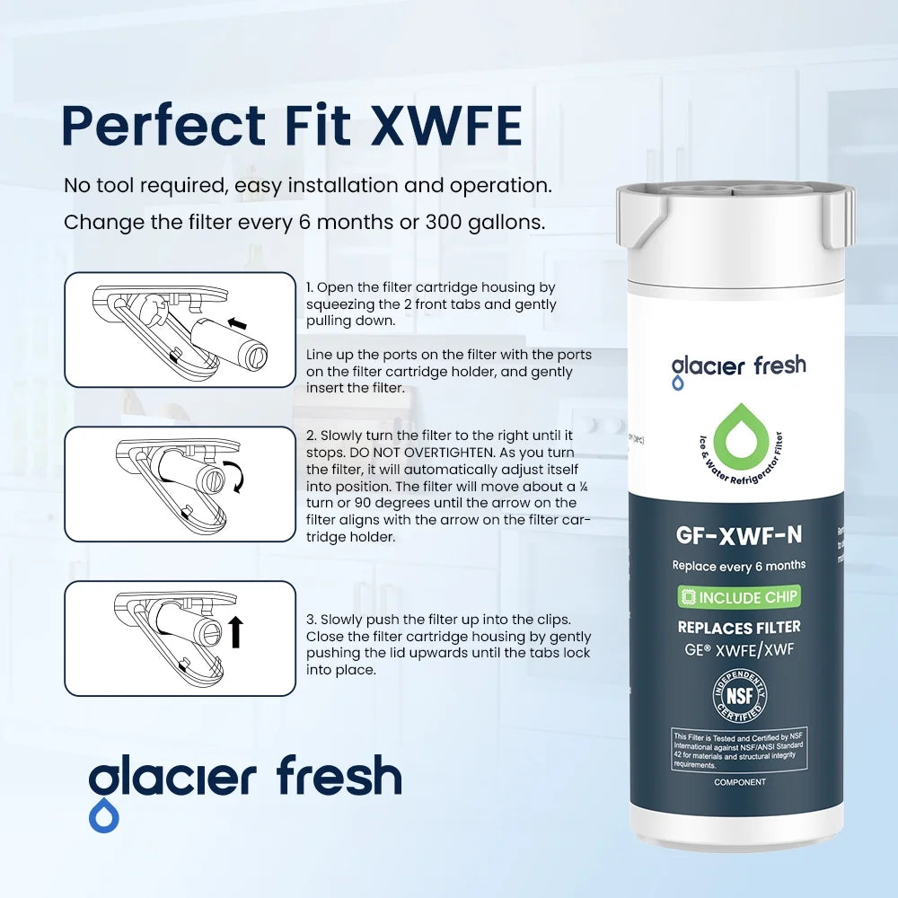 GLACIER FRESH XWFE Water Filter, Replacement for  XWFE, XWF Genuine Ge Refrigerator Compatible with  French-Door - 3 Pack(with Chip)
