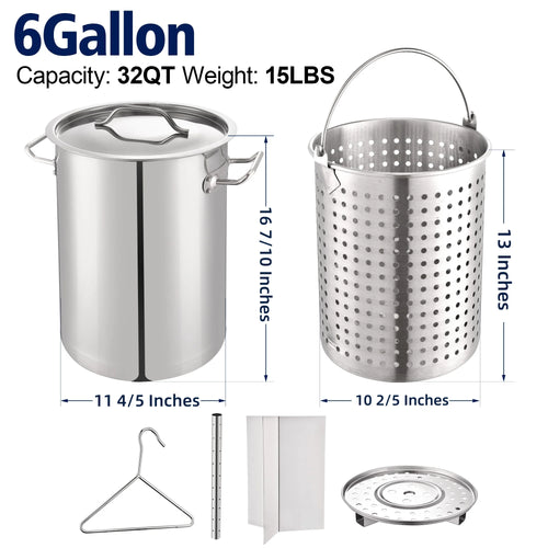 32QT Stainless Steel Pot with 200,000 BTU Propane Burner - Seafood Boil Pot, Crab Boil Pot, Lobster Pot, Shrimp Boil Pot, Tamale Steamer Pot with Basket and Turkey Fryer Burner