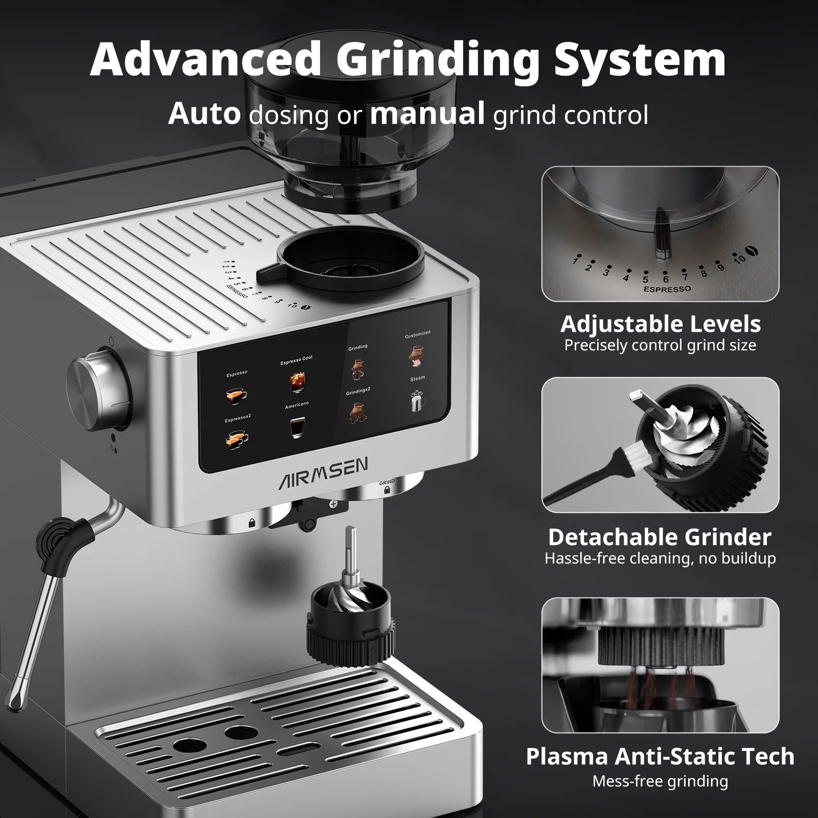 AIRMSEN Espresso Machine with Grinder, Espresso Coffee Machine with Customized Grind Amount & Coffee Volume, Cold Brew Coffee Maker for Cappuccino Latte Americano, Brushed Stainless Steel