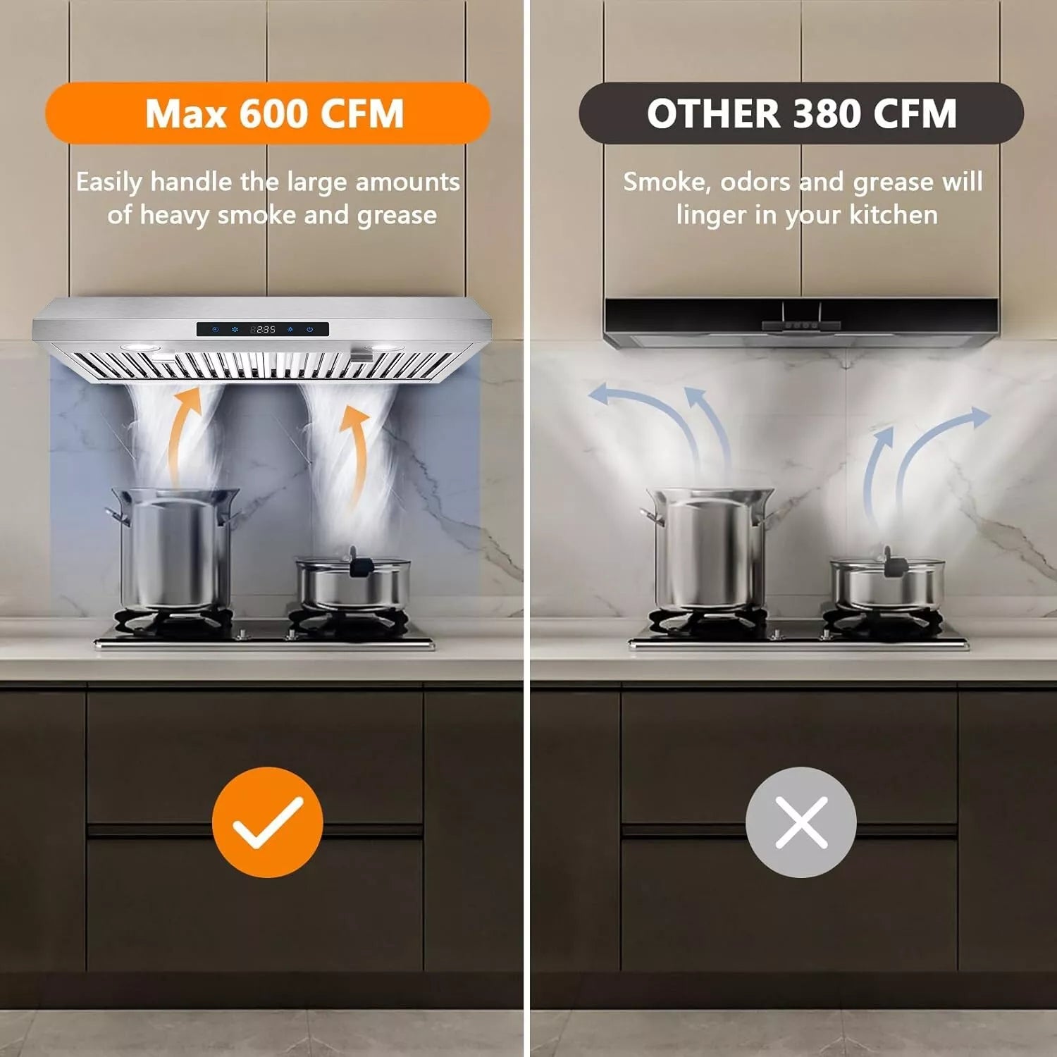 Under Cabinet Range Hood 30 inch Stainless Steel Kitchen Hood 600 CFM Stove Filter Touch Control LED Lights