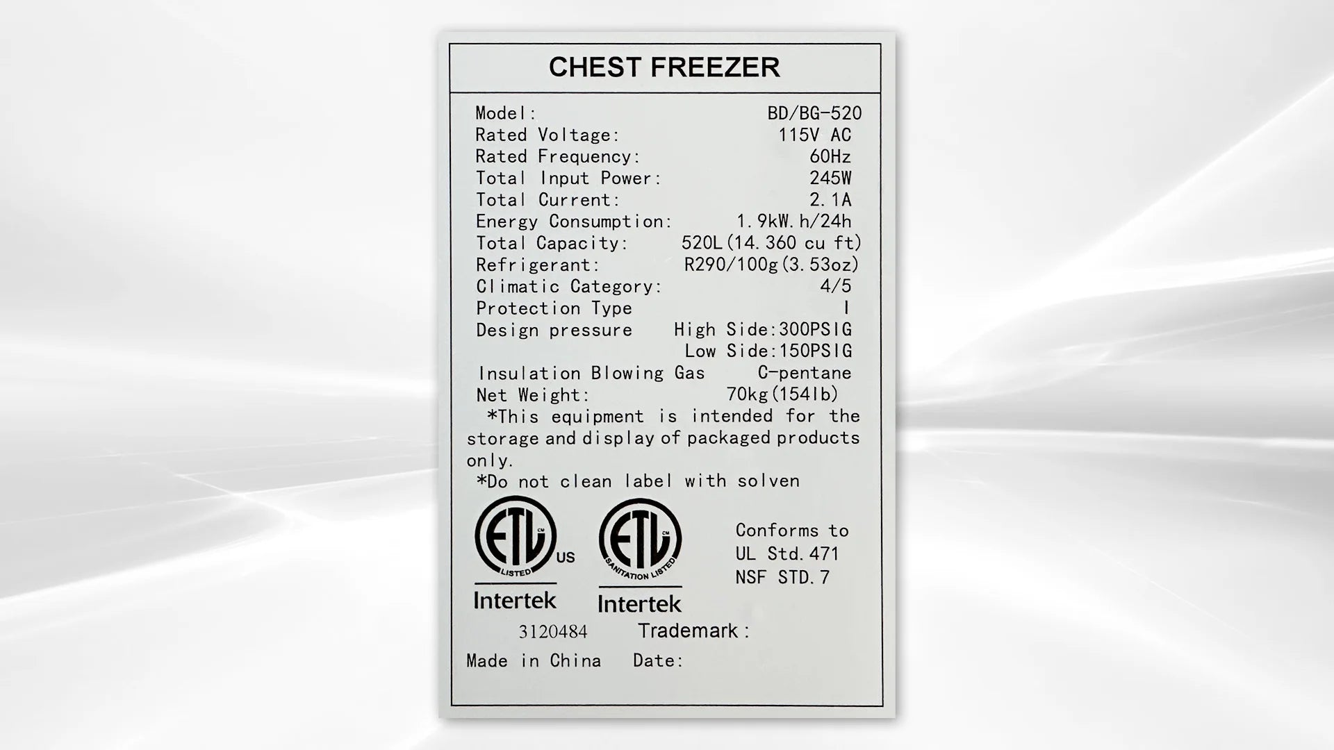 14 Cu.Ft. Chest Freezer, Deep Freezer with Top Open Door 60 in. Energy Saving