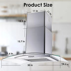 Range Hood 30 Inch, Tieasy Wall Mount Kitchen Hood with Ducted / Ductless Convertible Duct, Stainless Steel Chimney and Aluminum Filters, LED Lights, 3 Speed Fan, Push Button