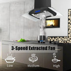 Island Mount Range Hood 36 inch Kitchen 3-Speed Extractor Fan Mesh filter Tempered Glass