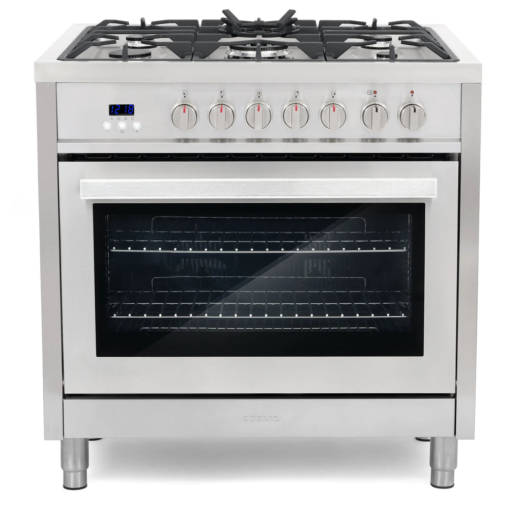 Cosmo 4 Piece Kitchen Appliance Package with 36" Freestanding Dual Fuel Range 36" Island Range Hood 24" Built-in Integrated Dishwasher & French Door Refrigerator Kitchen Appliance Bundles
