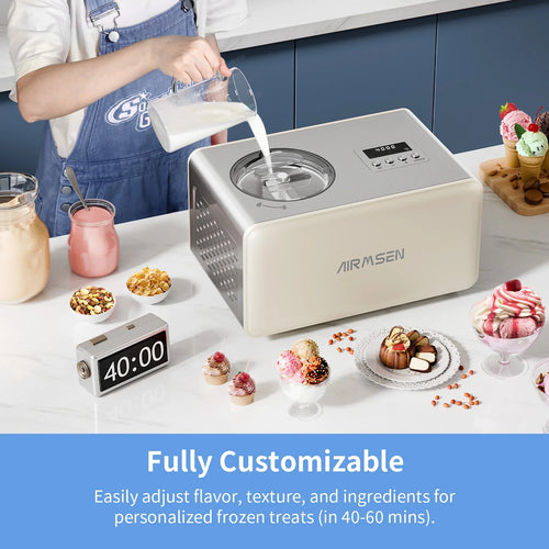 AIRMSEN 2.1 Qt Ice Cream Maker, No Pre-Freezing Electric Ice Cream Machine with Compressor and LCD Timer for Gelato, Frozen Yogurt, Sorbet, White