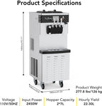 Garvee Commercial Ice Cream Machine 3-Flavor Floor Soft Serve Yogurt Maker 5.8-8Gal/H Yield With 2*7L Hoppers & 2*1.8L Cylinders