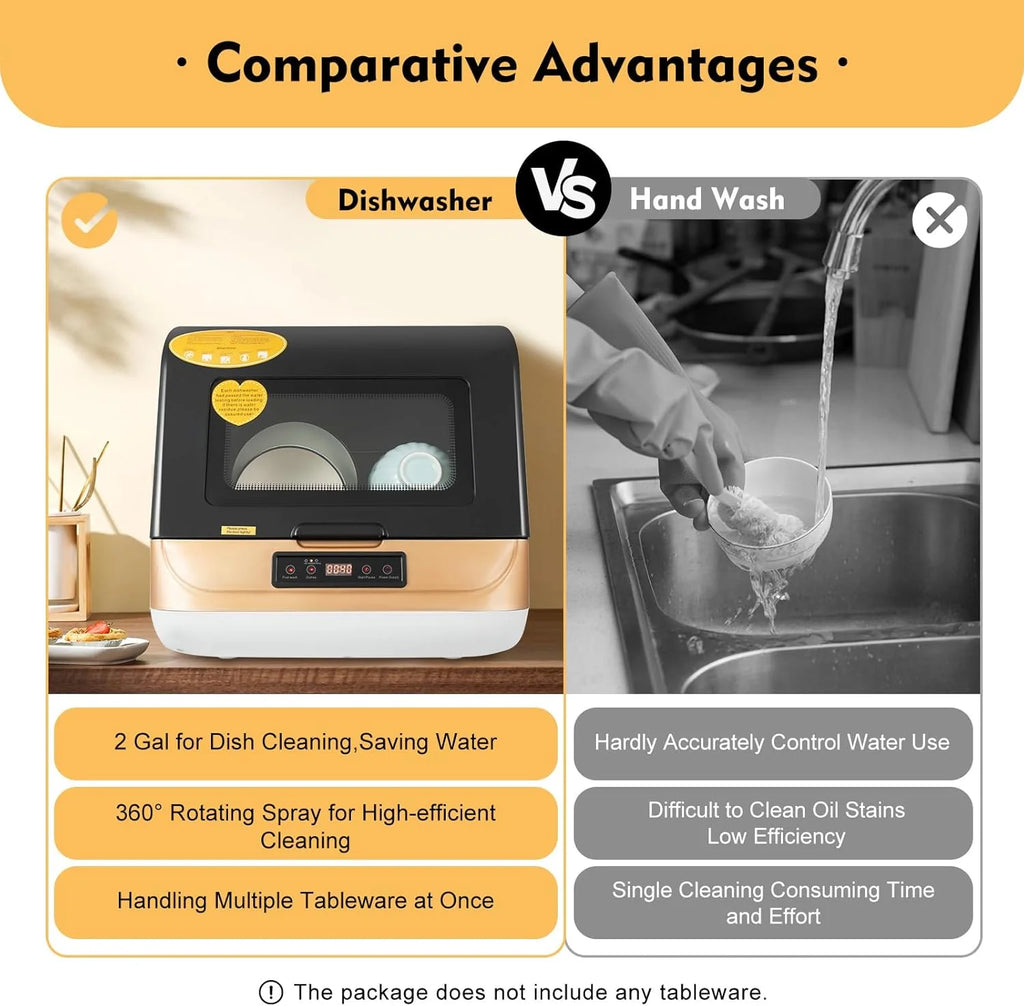 Portable Dishwasher Countertop, Mini Dishwasher with 3 Washing Programs, 1200W Adjustable Water Temperature 65�� Dishwasher Machine Deep Cleaning Air Drying for Dorm, RV& Apartment, Gold