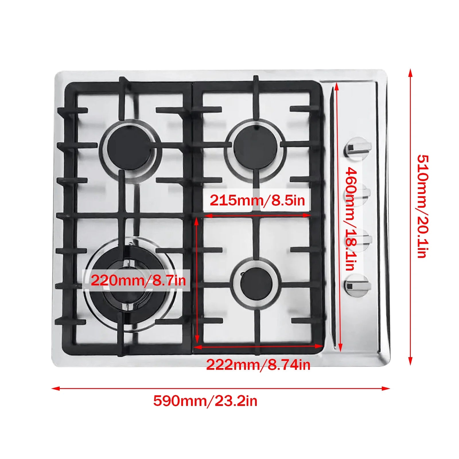 Stainless Steel 4-Burner Gas Stove, 3.0KW+1.75KW+1.0KW, Built-In Cooktop with Rotary Switch for Homes, Restaurants