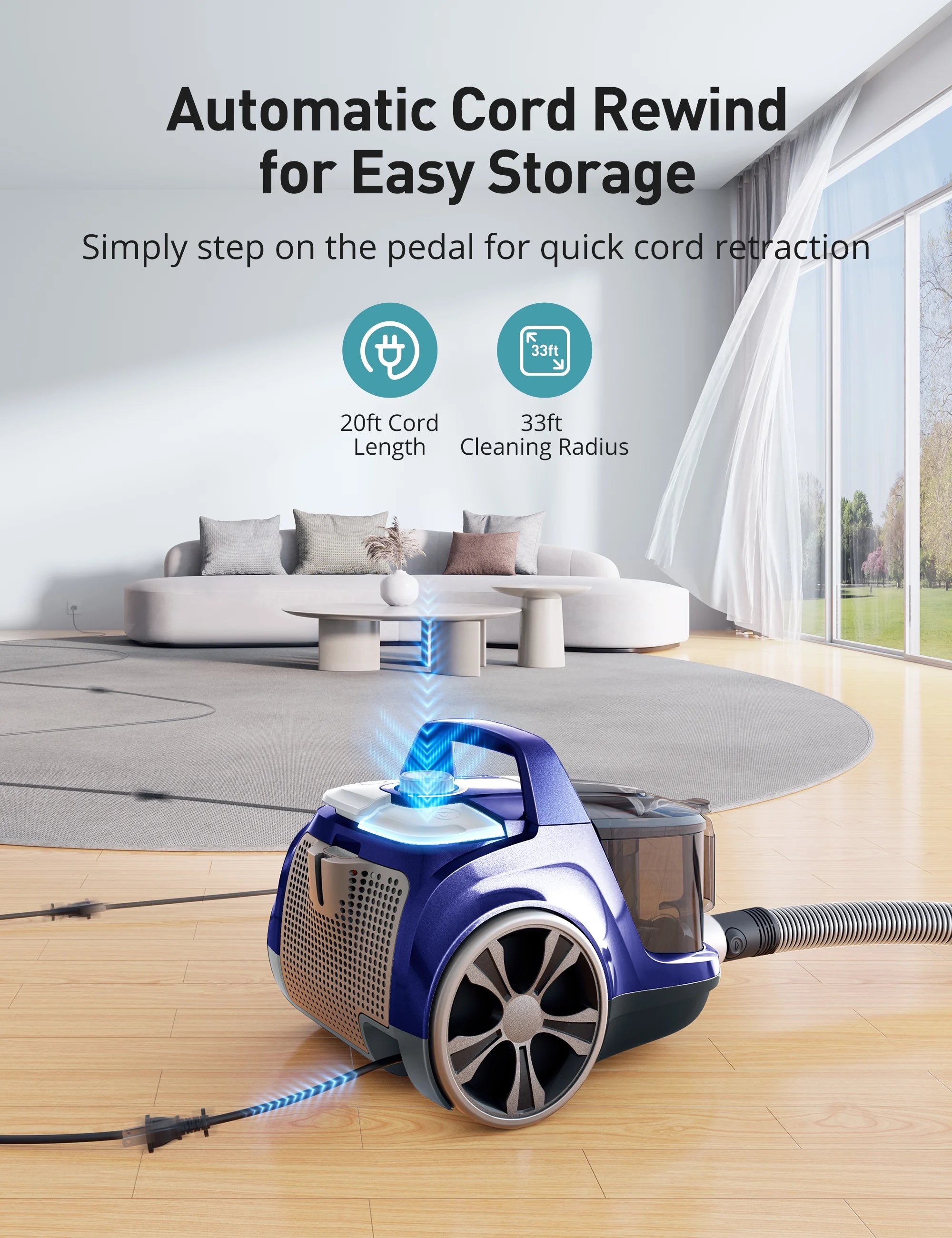 Canister Vacuum Cleaner, 30Kpa Powerful Suction, Bagless with 3.7QT Large Dust Cup, Auto Cord Rewind, HEPA Filter, 5 Attachments, Lightweight Vacuum for Pet Hair, Hard Floors & Car