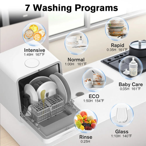 Advwin Portable Countertop Dishwasher with Upgraded 24H Delay Cleaning and 7 Programs,��5L Water Tank& 360��Dual Spray, High-Temp for Apartments & RVs, No Installation Needed