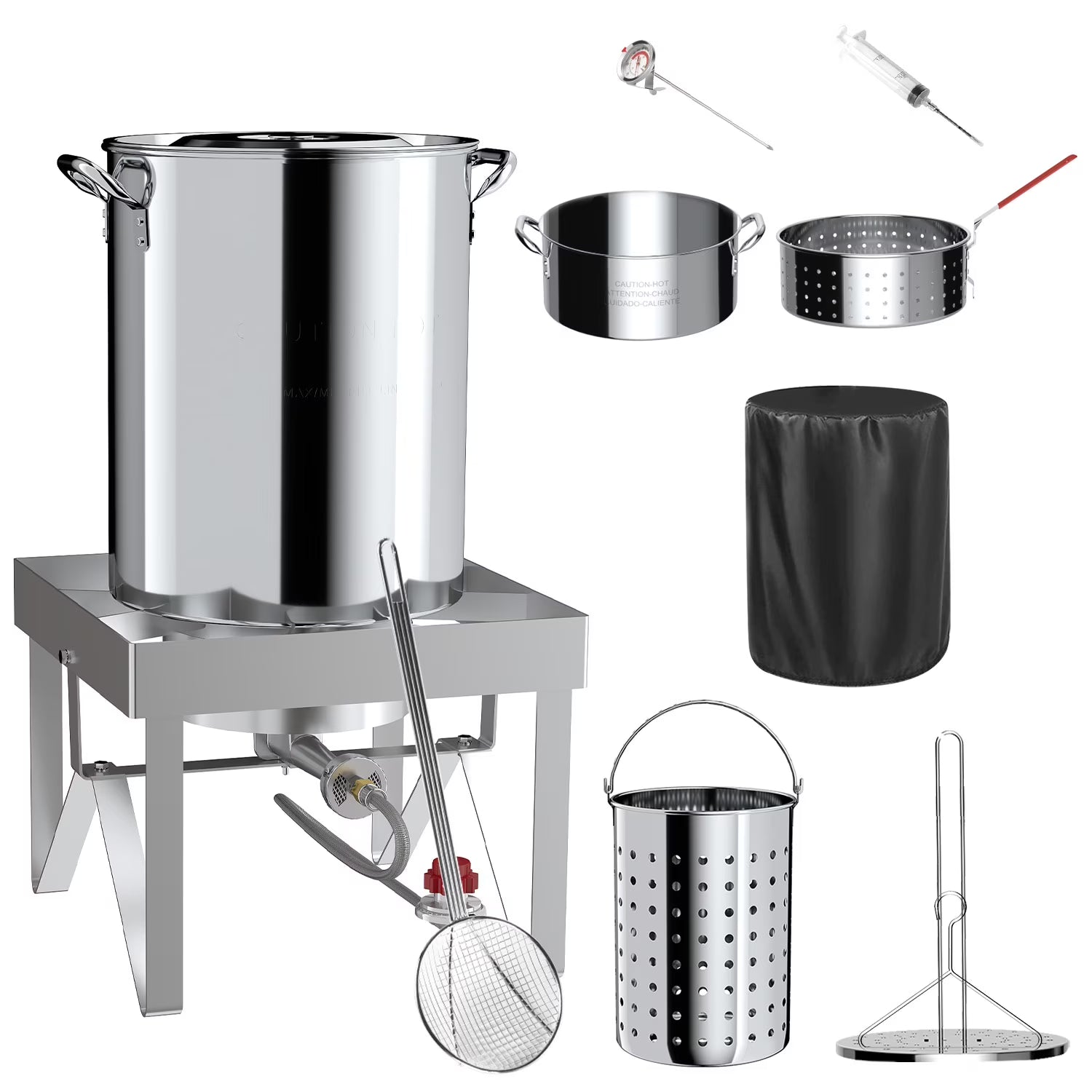 Hidpriva 30QT Stainless Steel Turkey Fryer Pot w/ SS Solid Stand, 55000BTU Propane Burner Stove, Waterproof Cover&12-inch skimmer|Outdoor Deep Fryer Pot