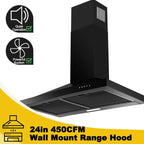 24 inch Wall Mounted Range Hood Kitchen Exhaust Stove Vent Hood 450 CFM 3-Speed Fan