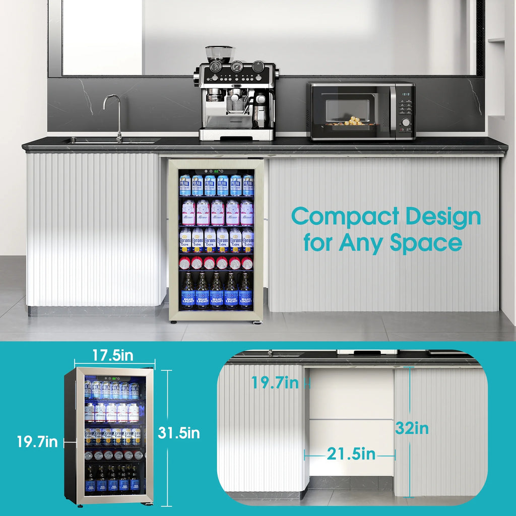 Qunler 130 Can Beverage Cooler Refrigerator with Glass Door for Beer Soda Water, Drink Fridge for Home Bar, Silver