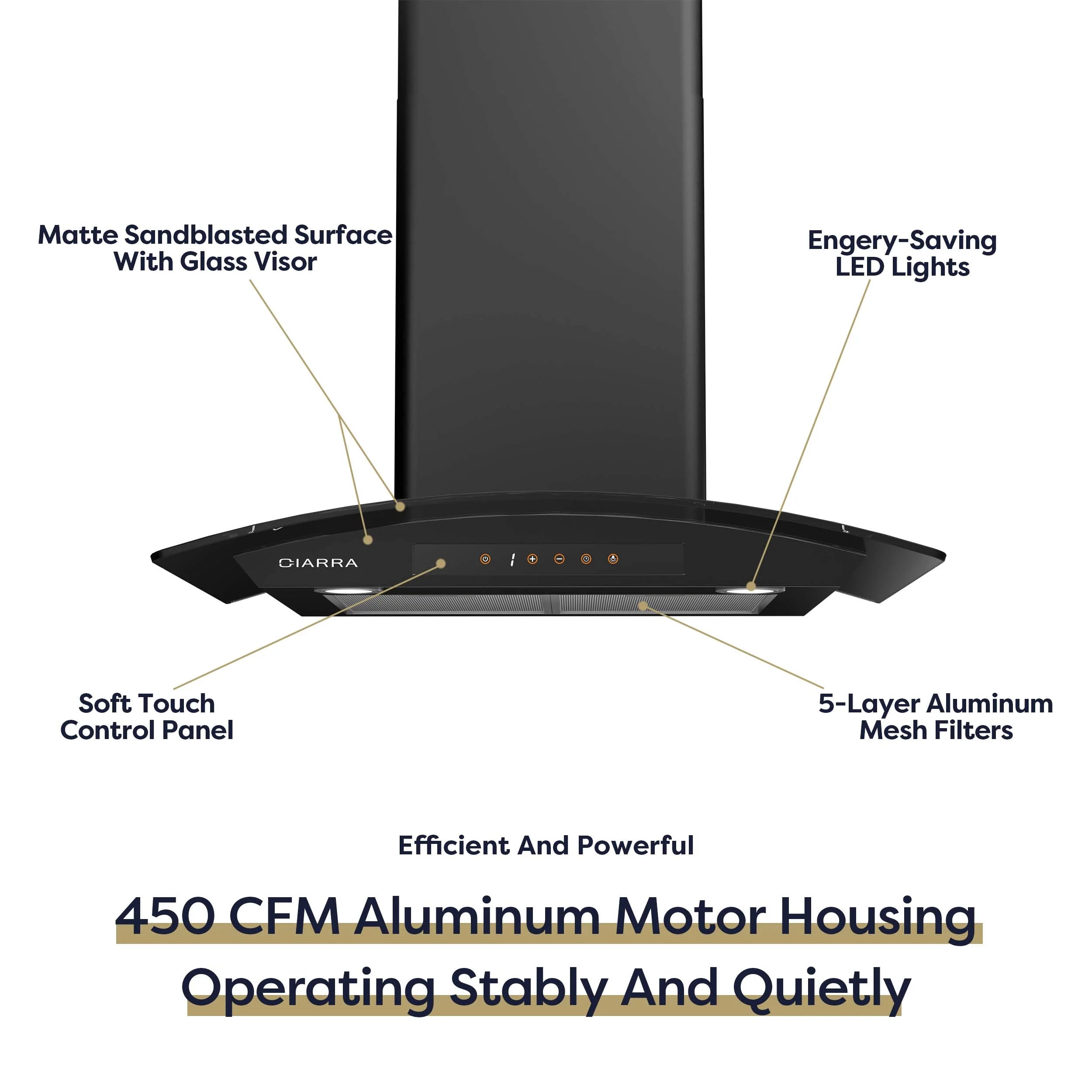 CIARRA Wall Mount Range Hood 30 inch with Tempered Glass 450 CFM Kitchen Vent Hood Ductless Ducted Convertible CAS50275