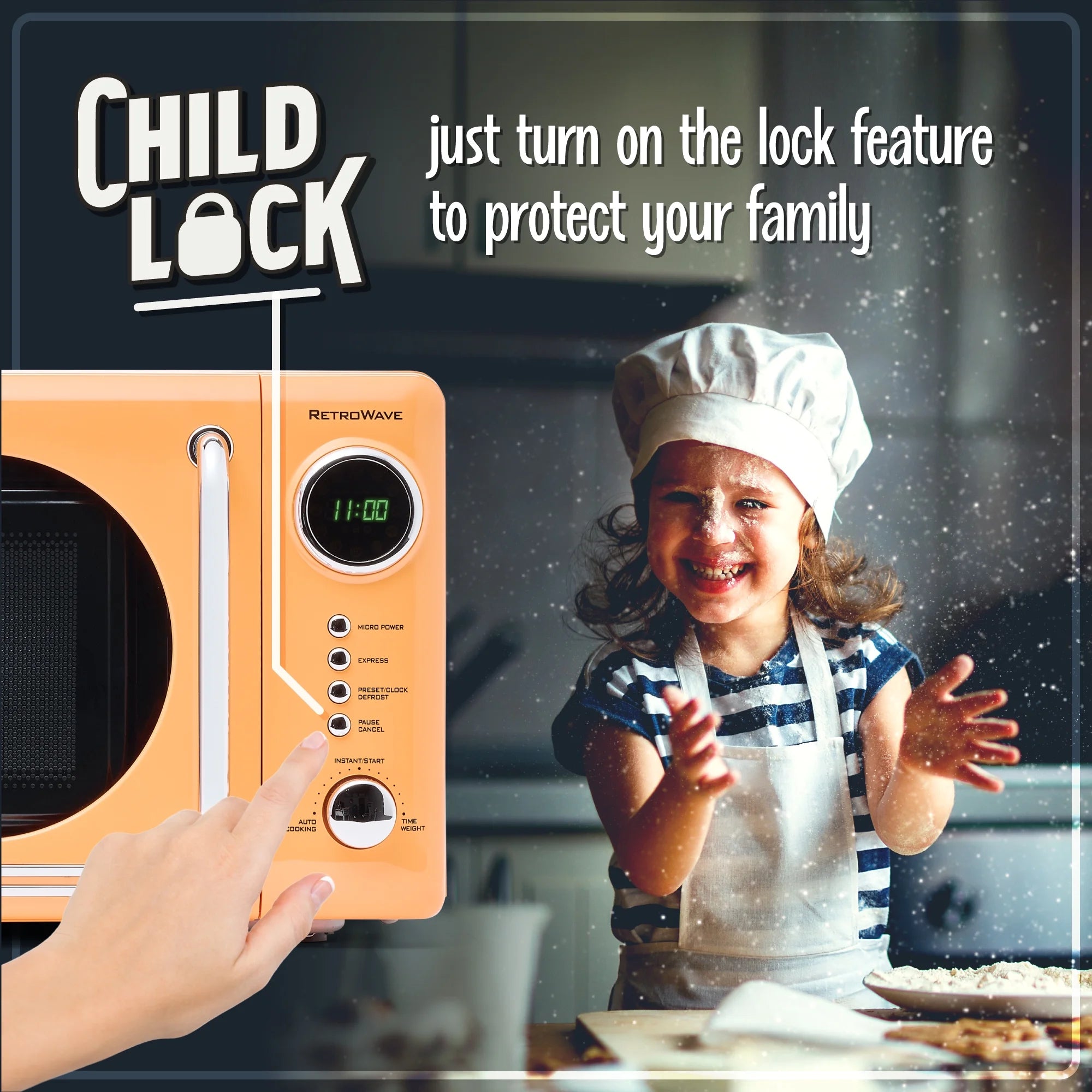 Nostalgia Retro Compact Countertop Microwave Oven - 0.7 Cu. Ft. - 700-Watts with LED Digital Display - Child Lock - Easy Clean Interior - Orange