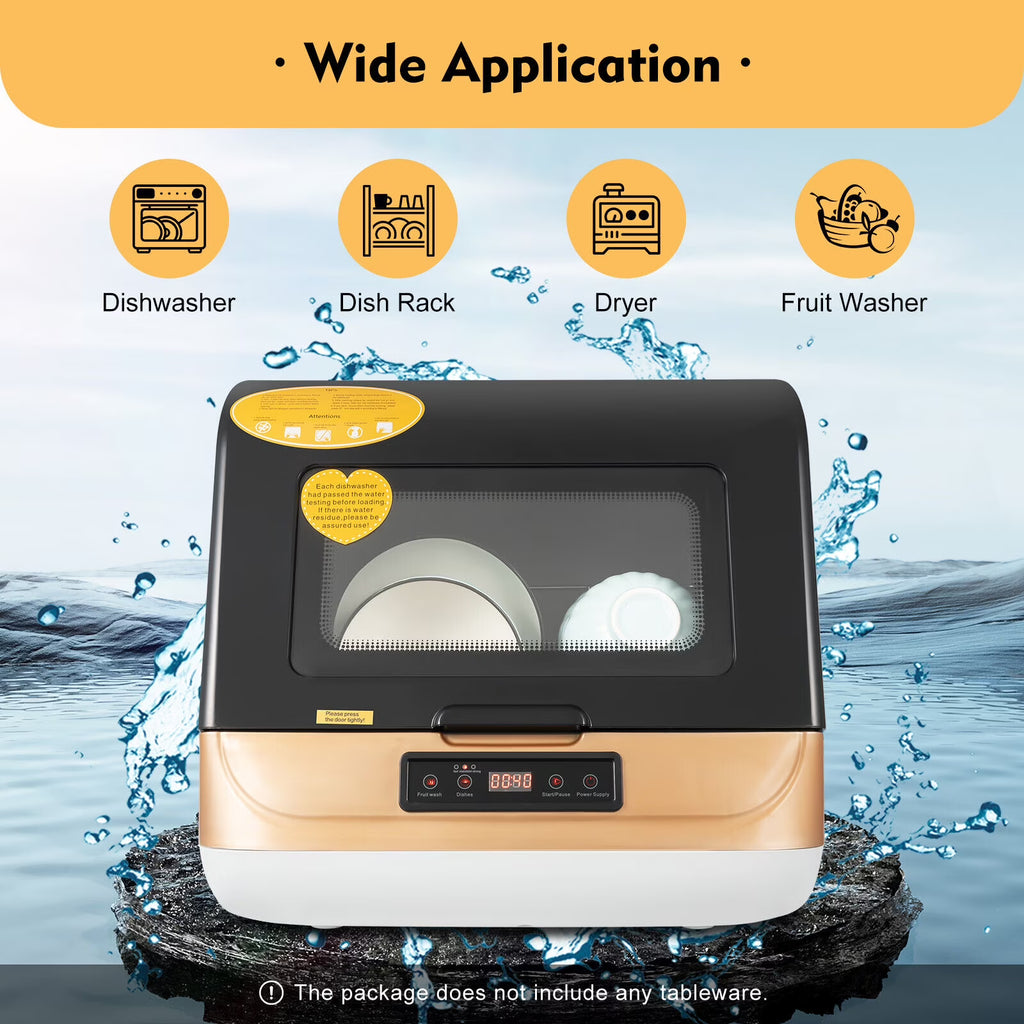 Non-Installation Compact Dishwasher, 4-6 Sets Capacity, 99.9% Sterilization, Black/White/Gold, 800W, for Home Use
